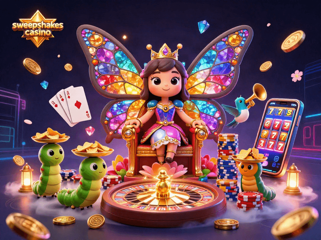 Sweepstakes casino illustration featuring a butterfly queen and dynamic gaming elements in 3D.