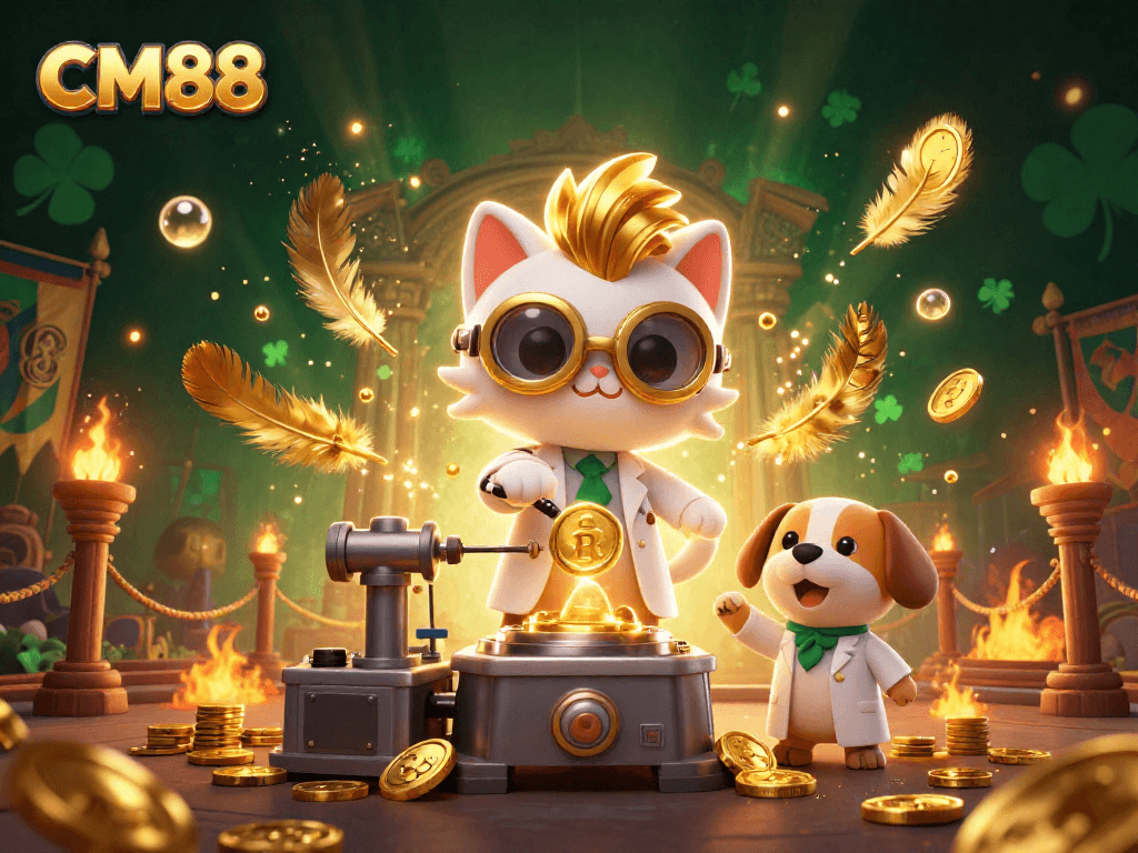 Join the excitement at CM88 as our cartoon cat scientist creates winning strategies in a vibrant casino scene.