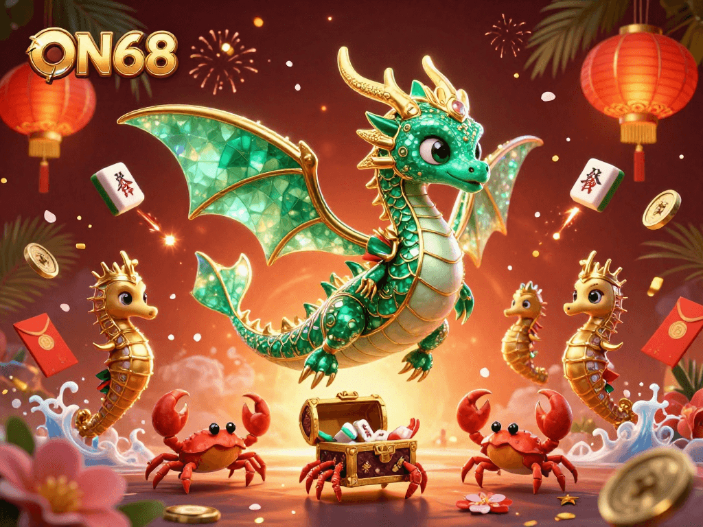 Experience the thrill of ON68 with a dazzling sea dragon and golden treasures in a vibrant casino scene.