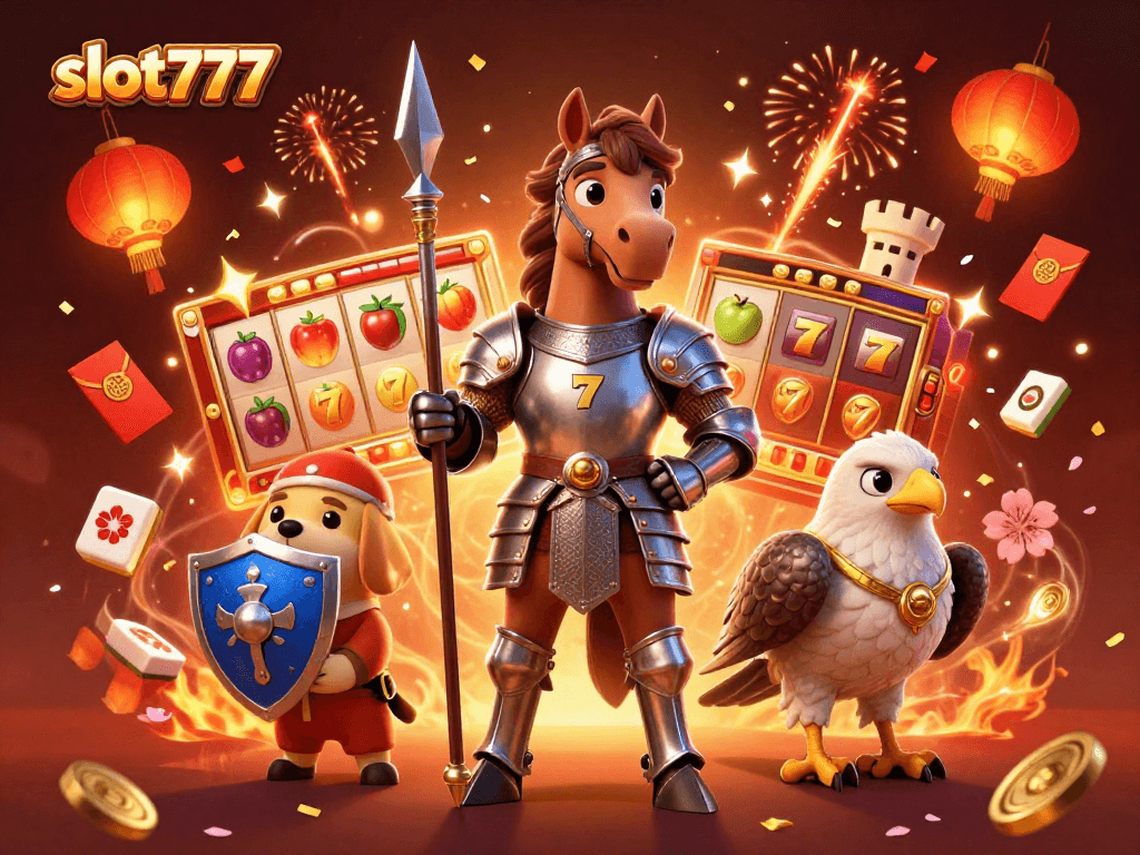 Experience thrilling wins with slot777 in a colorful, action-packed casino scene featuring knights and fortune symbols.