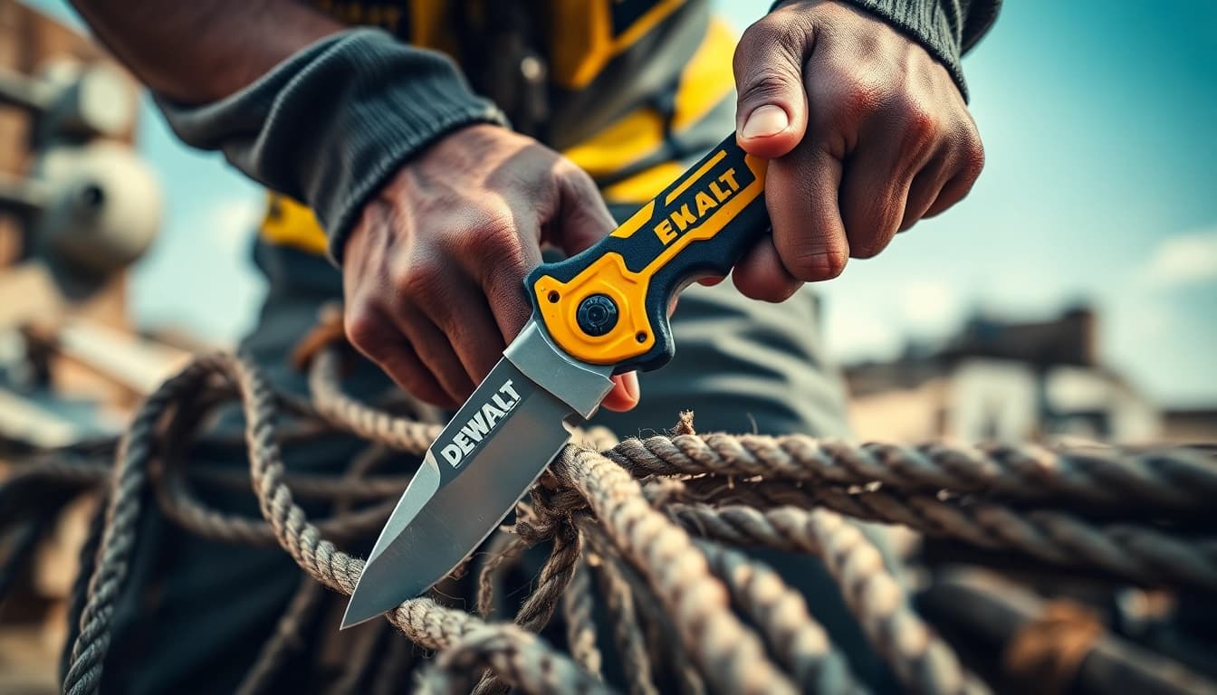 Dewalt knife slicing through rugged materials, showcasing its sharpness and ergonomic design.