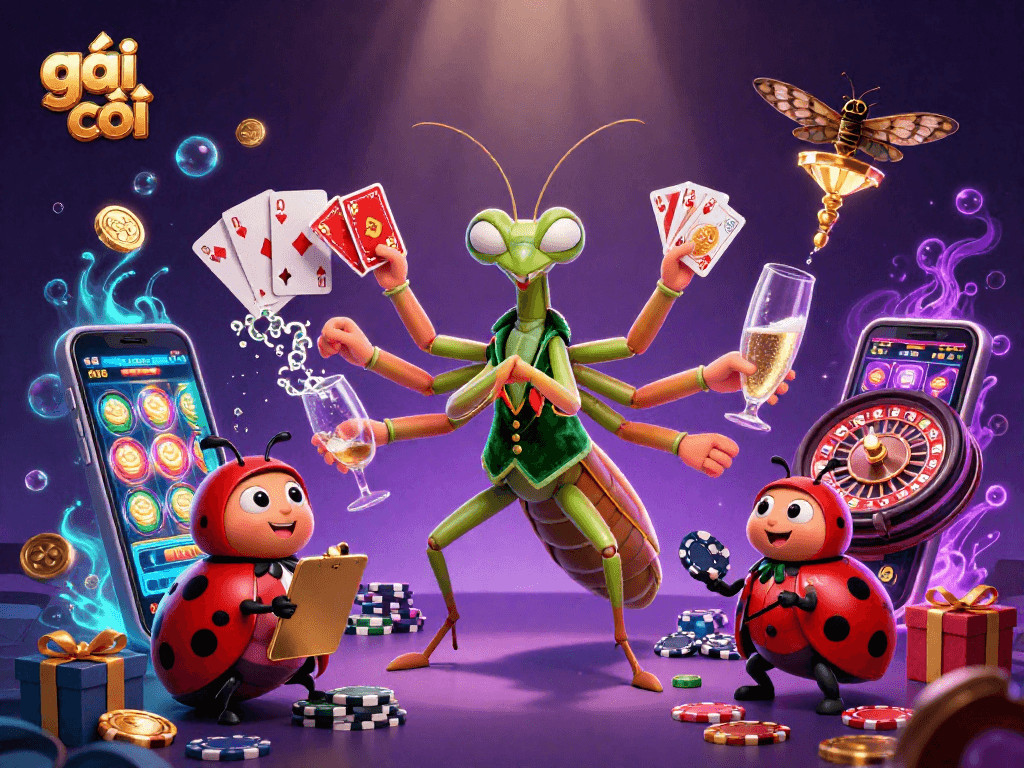 Engage with a vibrant casino scene featuring gái gọi among colorful slot games and casino elements.