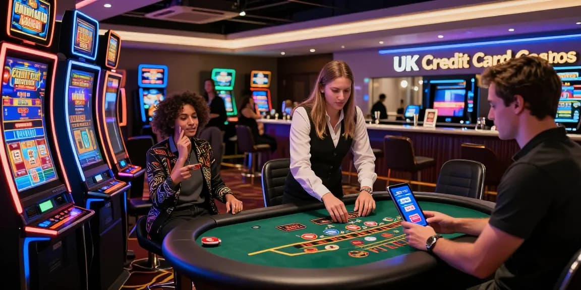 Players experiencing the excitement of UK credit card casinos at a modern gaming venue, engaging with slot machines and live dealers.