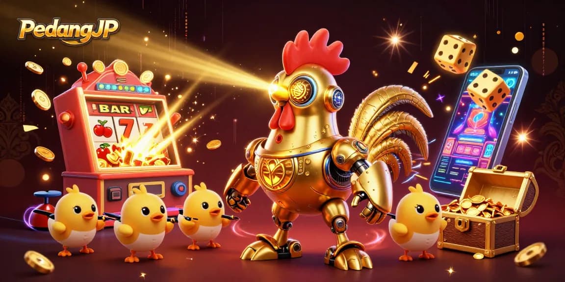 Permainan slot menarik di PedangJP dengan robot ayam keemasan dan jackpot bersinar yang menunggu pemain.