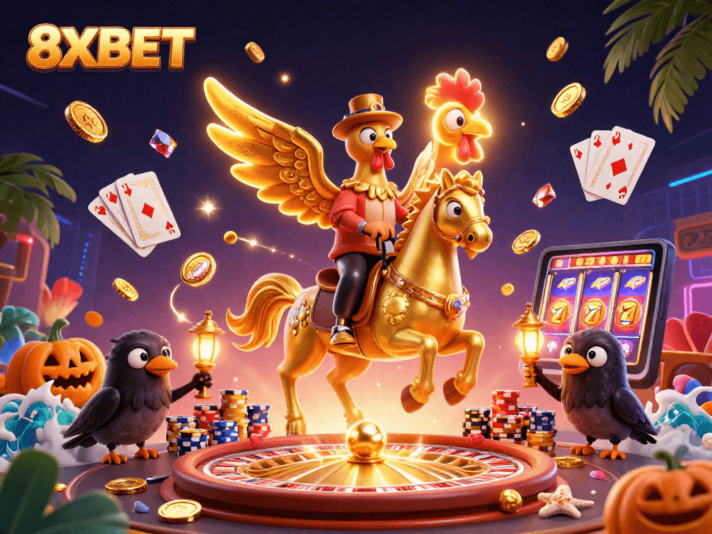 Experience the vibrant excitement of 8XBET casino with golden coins and dynamic game elements swirling around.