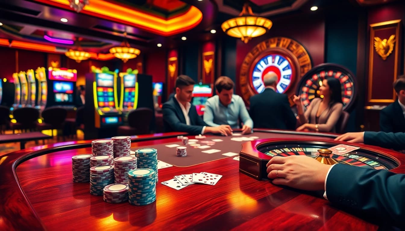 Joueurs engagés profitant du poker et des machines à sous dans un casino en ligne français.
