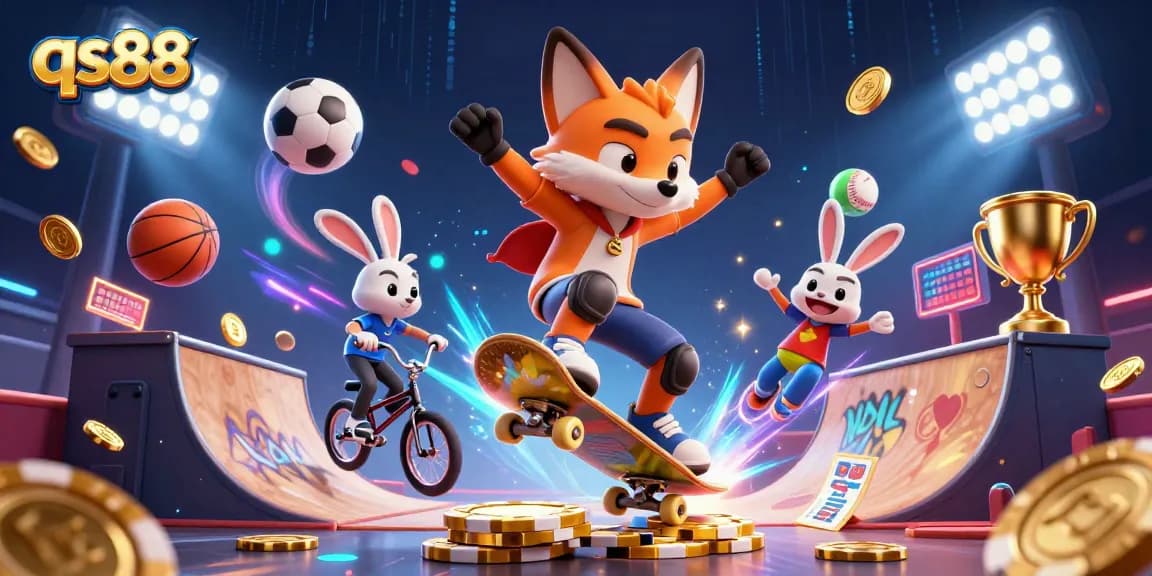 Experience the thrill of qs88 with a vibrant 3D illustration of an energetic skateboarder fox and BMX rabbit in a bustling casino scene.