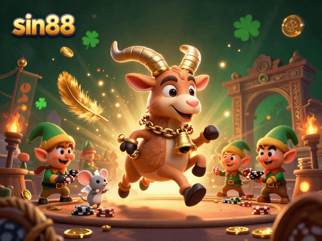 Experience gaming excitement at sin88 with a festive Krampus casino scene and playful characters.