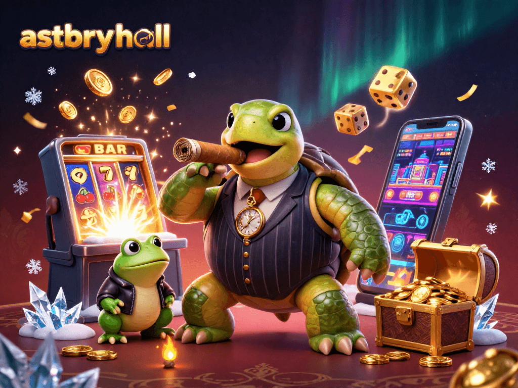 Experience thrilling wins at astburyhall with a vibrant 3D casino scene featuring unique characters and slot machine dynamism.