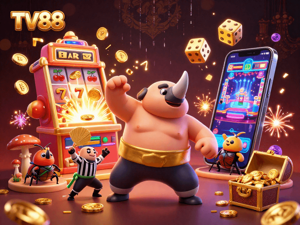 TV88 features a powerful sumo beetle champion surrounded by dynamic casino elements.