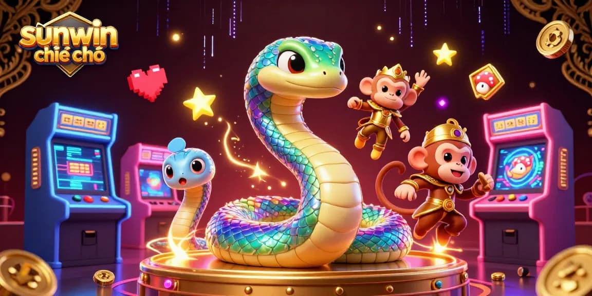 Experience the thrill of gaming at sunwin chính chủ with an iridescent rainbow serpent and playful elements.