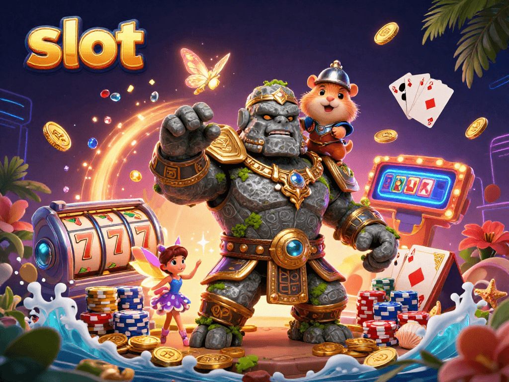 Spin the slot reels with cascading golden coins and sparkling gems in a magical casino scene.