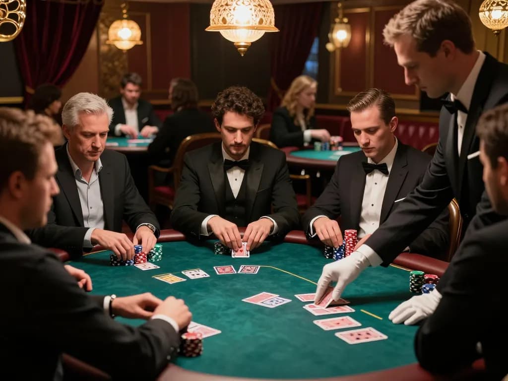 Pemain situs togel merencanakan strategi selama permainan poker yang intens dengan dealer, menampilkan suasana kasino