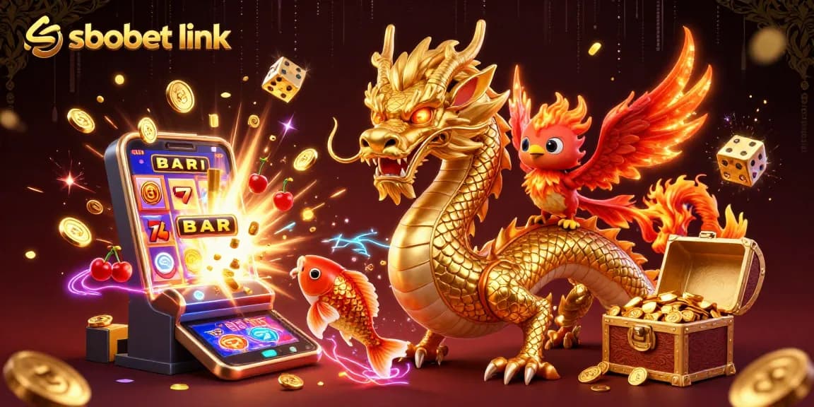 Engage with sbobet link through an electrifying scene of a dragon, phoenix, and koi fish amid casino elements.