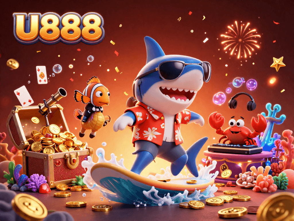 Experience the thrill of U888 with a vibrant 3D casino scene featuring a shark and colorful characters.