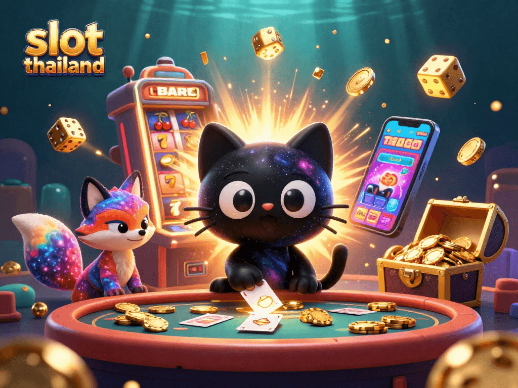 Experience thrilling slot action in slot thailand with a cosmic casino scene featuring a black hole cat.