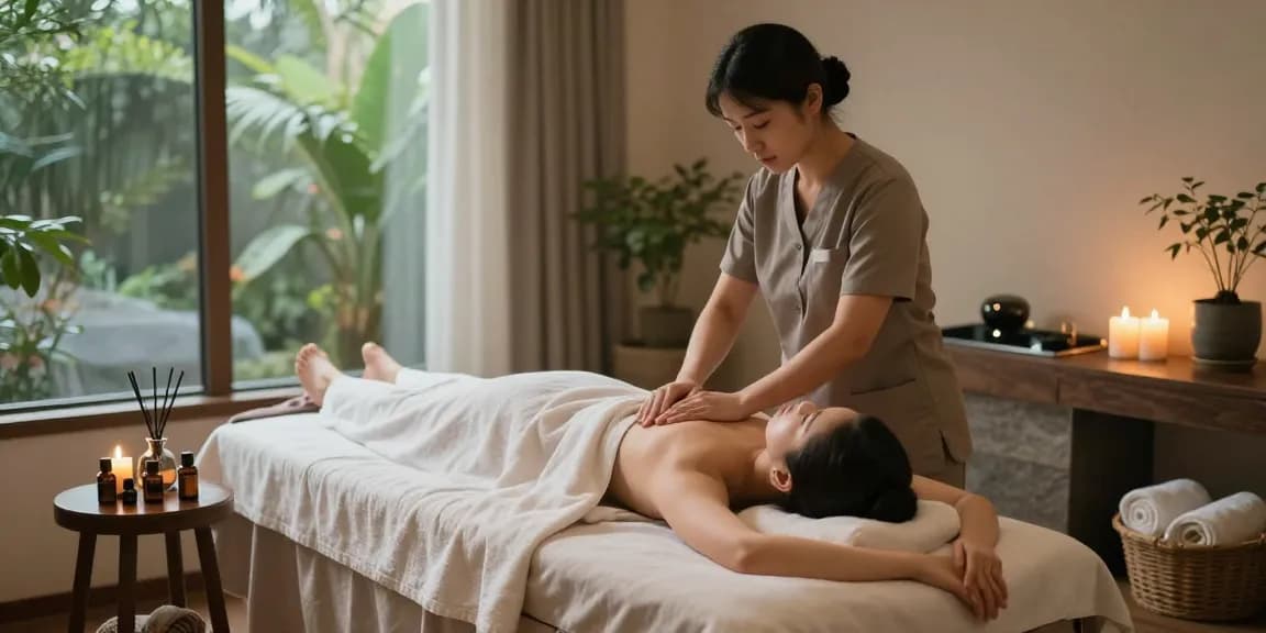 Relaxing 출장안마 session in tranquil spa with soft lighting and soothing ambiance.