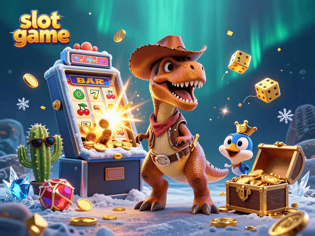 Engage with this vibrant slot game scene featuring a cowboy dinosaur, cactus, and roadrunner.