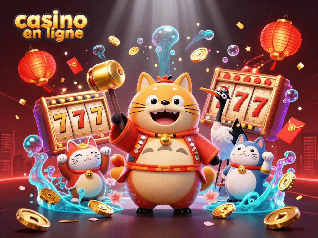 Jouez aux jeux de casino en ligne avec le tanuki chanceux, un concept 3D festif.