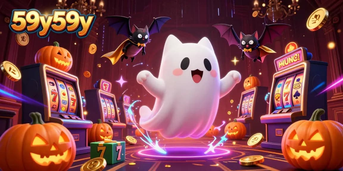 Ilustração 3D de gato fantasma flutuando em um cassino assombrado, simbolizando 59y59y com elementos de jogos vibrantes.