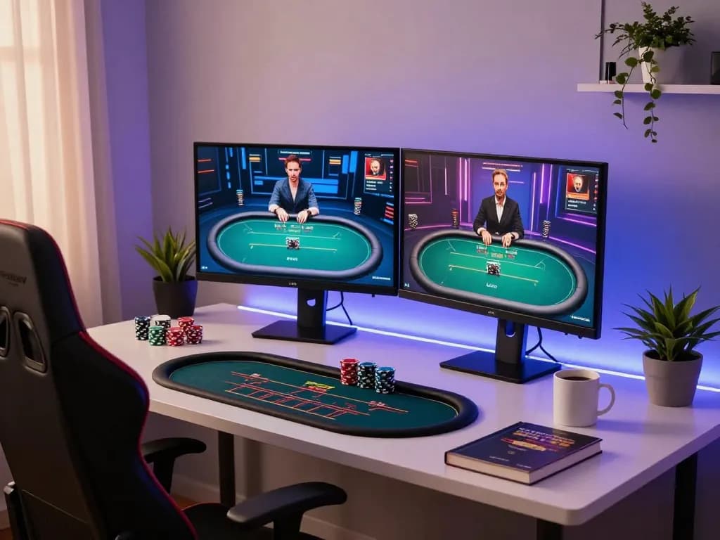MM99 online poker gaming setup showing dual monitors and strategic elements for serious players.