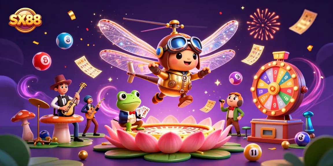 SX88 casino scene featuring a helicopter pilot and frog dealer, with dynamic gaming elements.