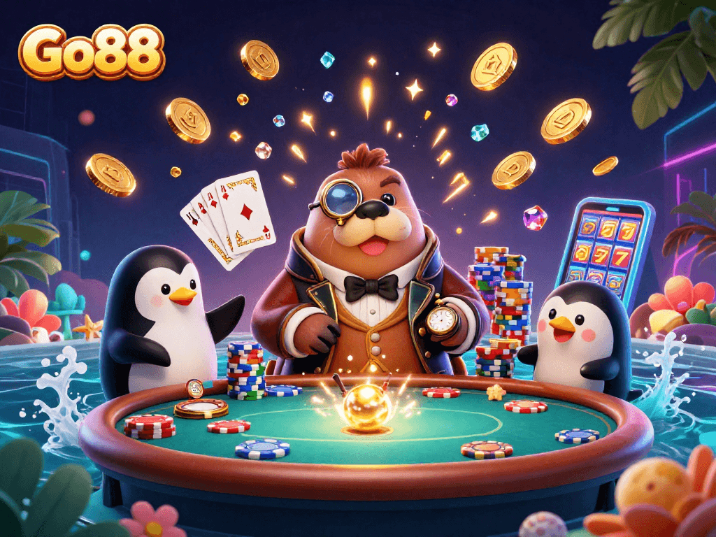 Go88 players enjoy an underwater poker game with vibrant casino elements and animated coins.