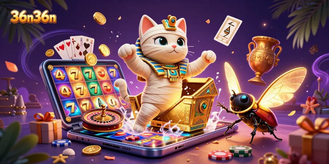 Spin the reels with 36n36n's Egyptian mummy cat in a thrilling casino scene.