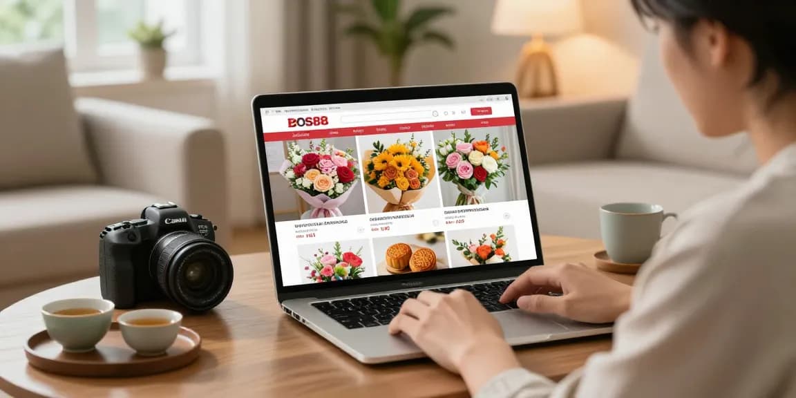 Pengguna bos88 menjelajah platform e-commerce untuk membeli bunga dan kue bulan.