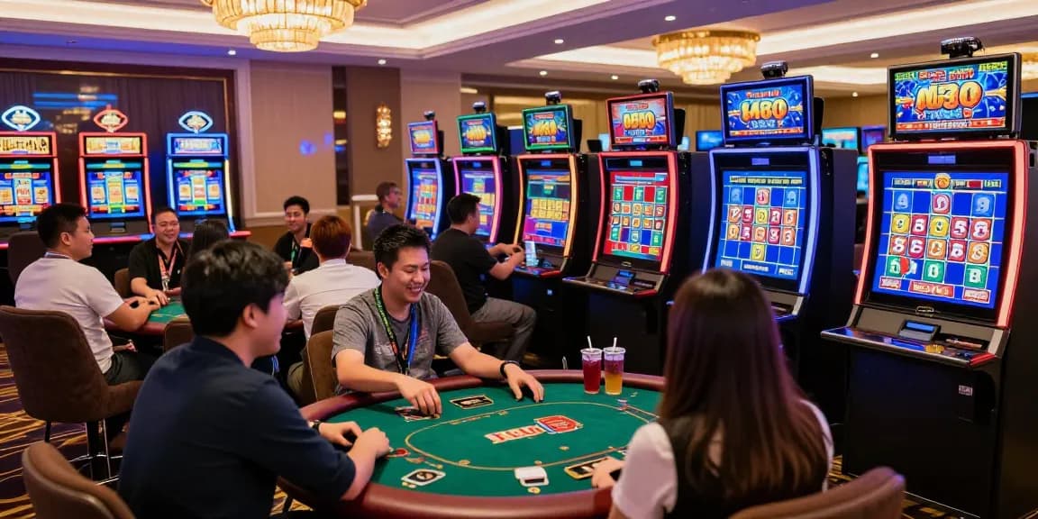 Exciting gaming scene with diverse players enjoying situs888 online slots and poker.