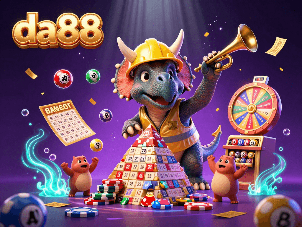 da88 showcases a vibrant 3D illustration of a triceratops and friends celebrating in a casino scene.