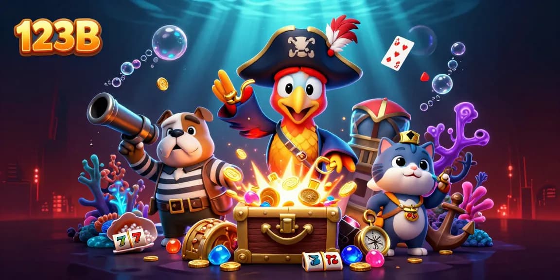 Experience 123B online slots with an adventurous pirate-themed treasure scene featuring gold and gems