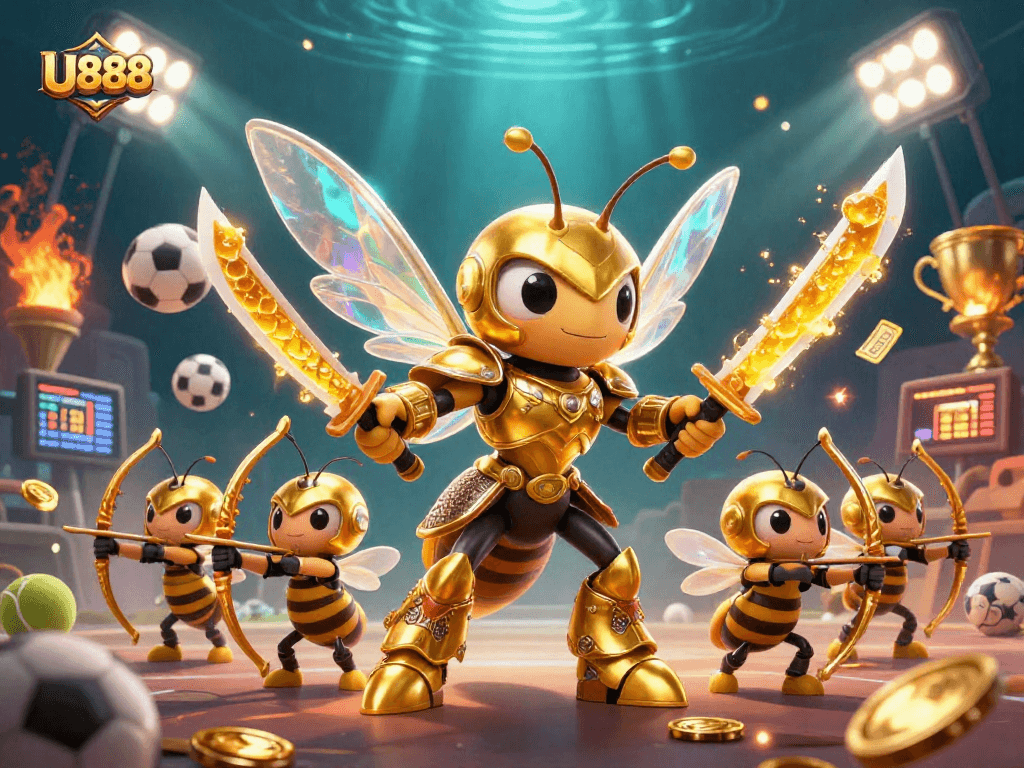 Engage in thrilling gameplay at U888 with dynamic sports elements and captivating casino illustrations.