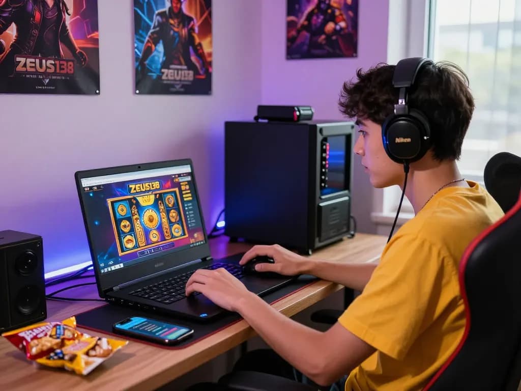 Player enjoying Zeus138 online slots in a colorful gaming setup