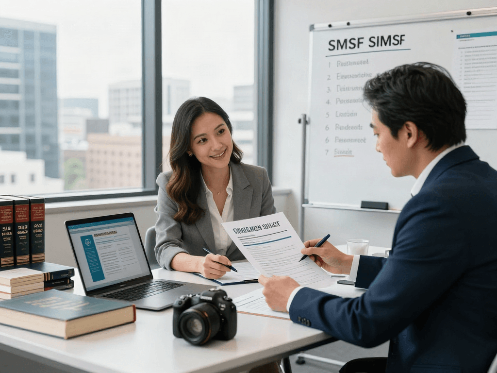 Couple discussing SMSF set up with a financial advisor in a professional office