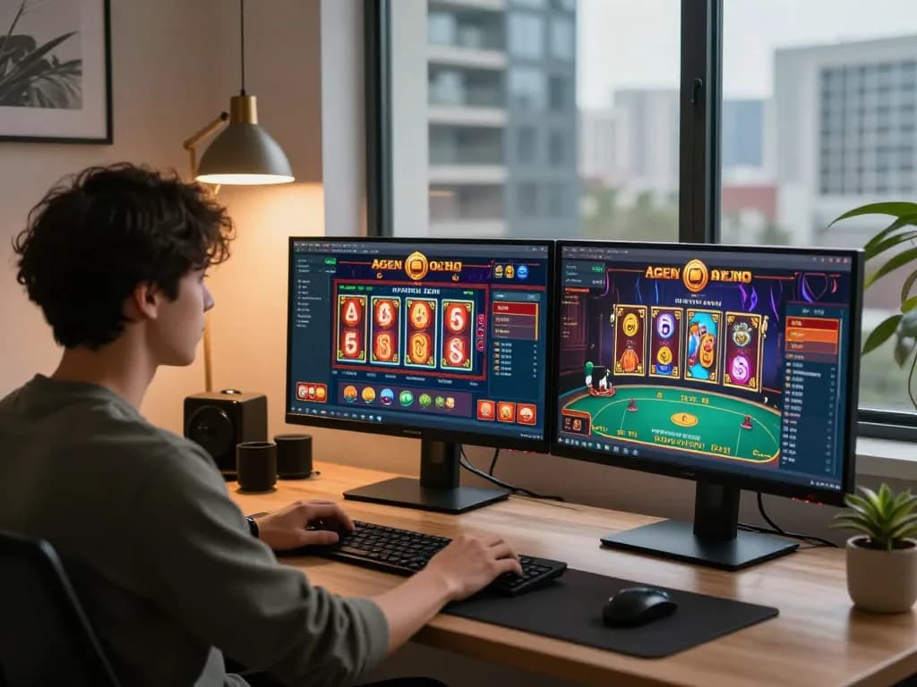 A young adult engaging in strategic play at an Agen Casino Online setup, showcasing dynamic gameplay on dual screens in a stylish home office.