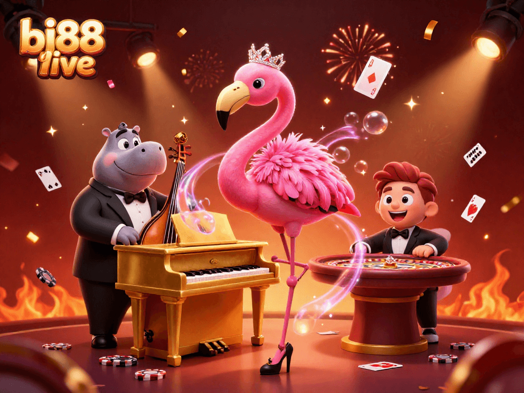 Experience the excitement of bj88 live with a vibrant casino scene featuring a flamingo singer and hippo bassist.