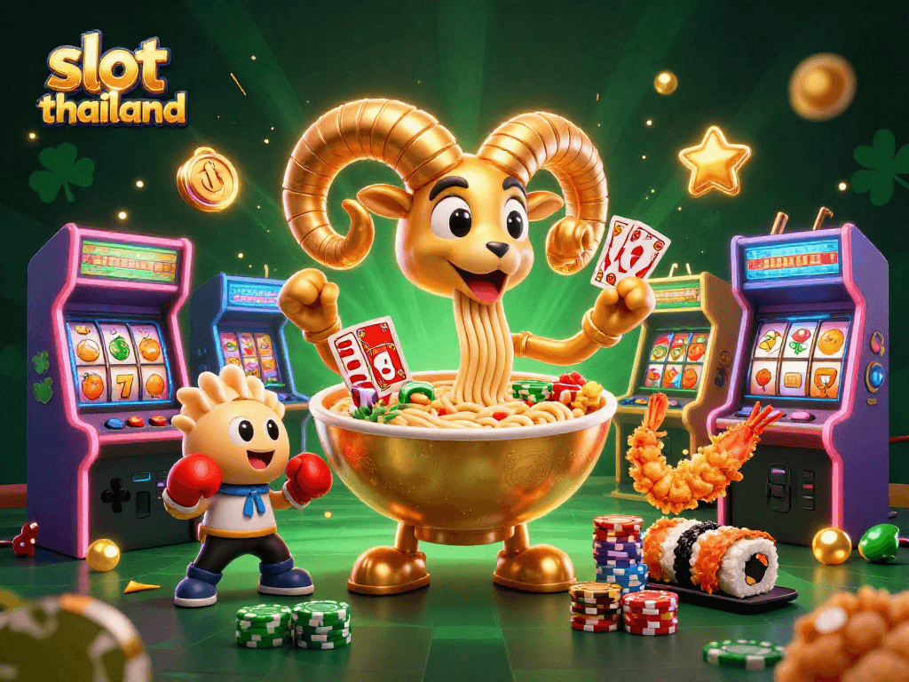 Engage with slot thailand through vibrant cartoon characters in a dynamic casino scene.
