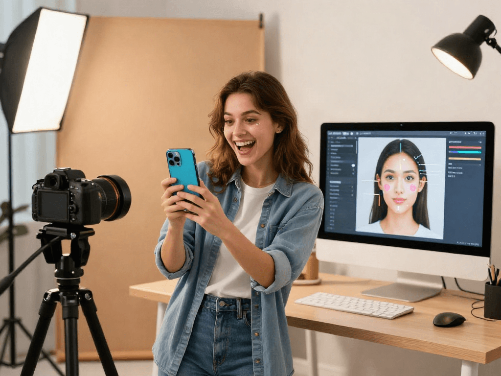 Engaging scene of a young woman exploring how old do I look with a smartphone app in a modern photo studio.
