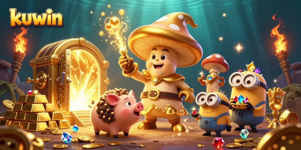 kuwin's magical golden mushroom wizard channels treasure in this vibrant casino scene.