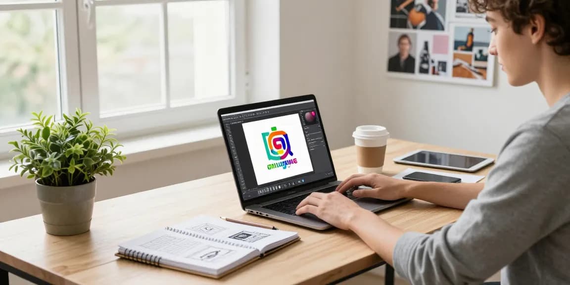 Grafik freelancer pracujący w nowoczesnym biurze z laptopem i projektami logo.