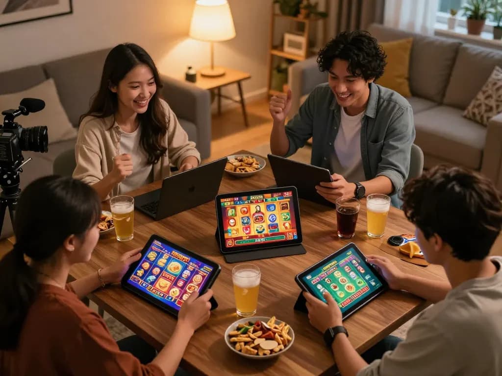 Players enjoying JPROYAL online slot game on tablets, showcasing vibrant graphics and engaging atmosphere.