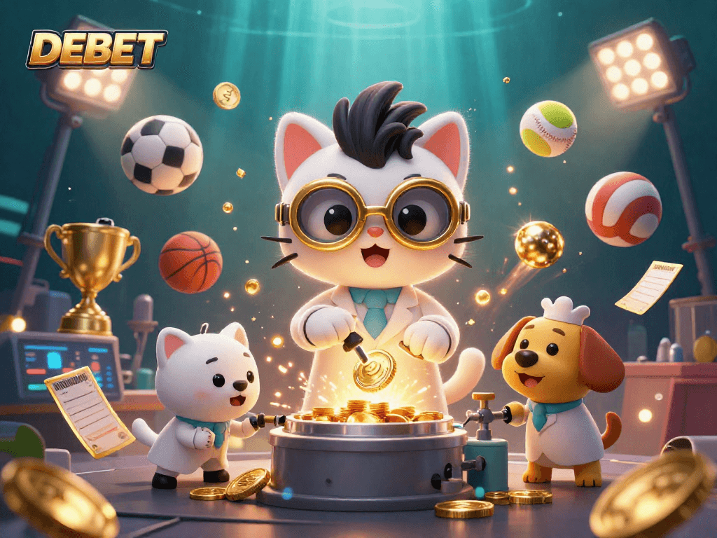 Experience DEBET's thrilling gaming adventures with animated characters in a vibrant casino scene.