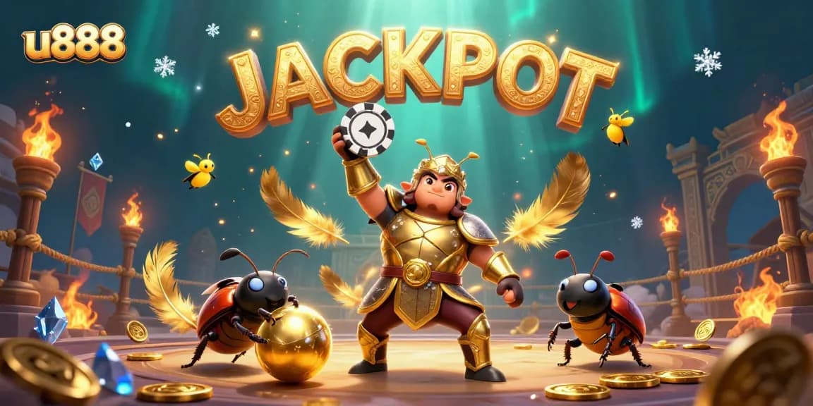 Spin and win with u888 as the hercules beetle celebrates a poker victory amidst a dazzling jackpot.