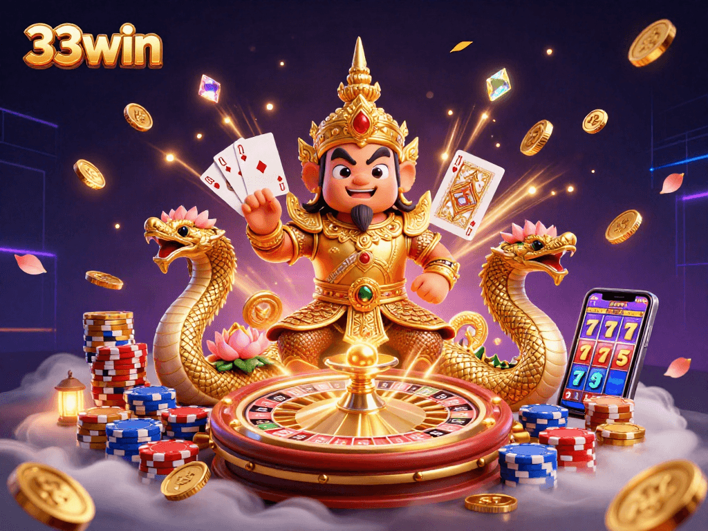 33win captures the excitement of casino gaming with guardians, roulette, and vibrant elements.