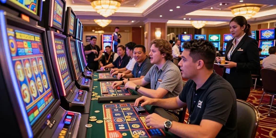 Excited players enjoying a slot jackpot at a vibrant casino gaming floor.