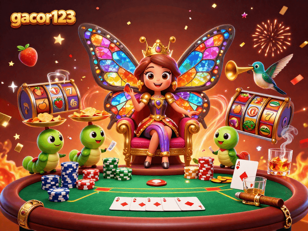 Experience gacor123 with vibrant slot reels and a cartoon butterfly queen in a festive casino illustration.