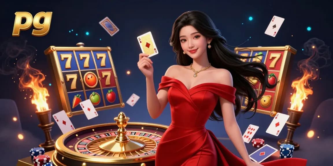 Spin the reels of pg slot games featuring a glamorous dealer beside a roulette wheel.