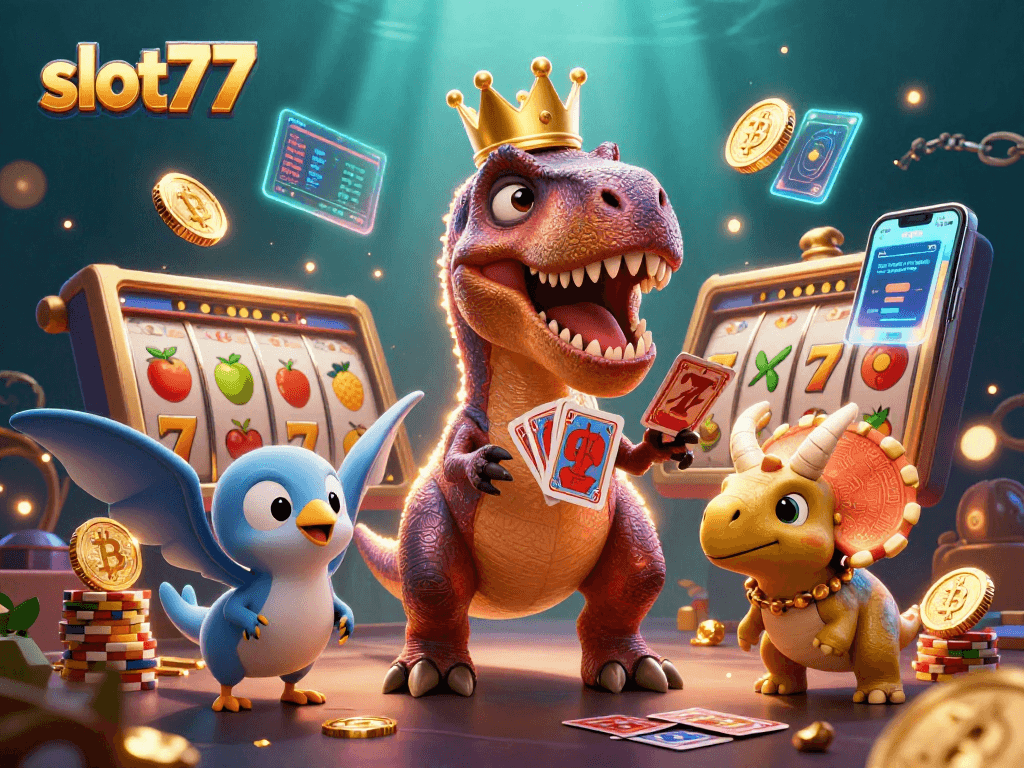 Experience thrilling jackpots with slot77 in a vibrant casino scene featuring playful dinosaurs.
