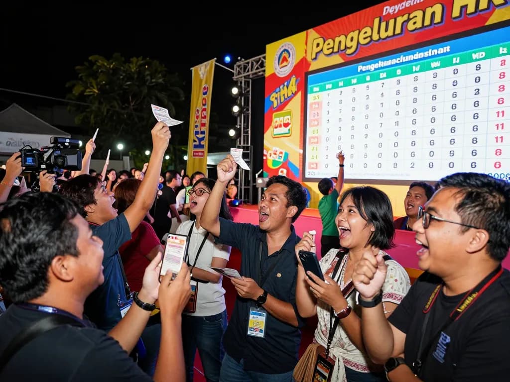 Players eagerly watching the latest Pengeluaran HK results at a lively lottery draw event.